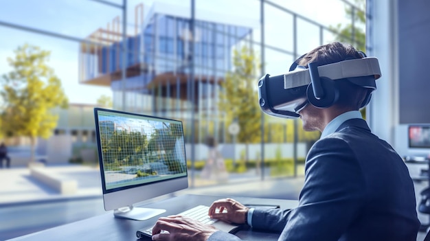 Businessman in suit using VR headset at modern office desk with computer