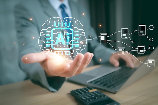 Businessman interact with AI artificial intelligence brain processor in concept of AI artificial intelligence engineering big data and AI machine learning to use generative AI for business support