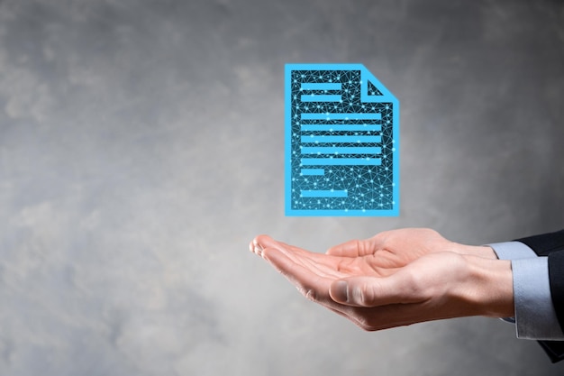 businessman man holding a document icon in his hand document management data system business internet technology concept. corporate data management system dms.low poly,polygonal