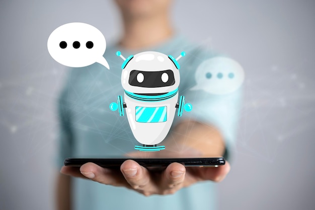 Businessman on blurred background chatting with chatbot