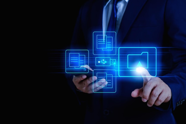 Businessman's Document Management System (DMS) Online document information system,form and process automation to manage files, knowledge, for corporate documents with ERP system efficiently and quickl