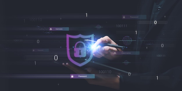 Businessman showing data access protection with key icon safety technology Login to the online datab