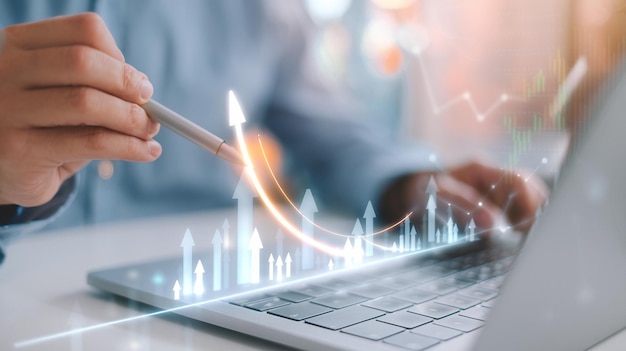 Businessman showing virtual graphs investment stock trading business growth marketing strategy