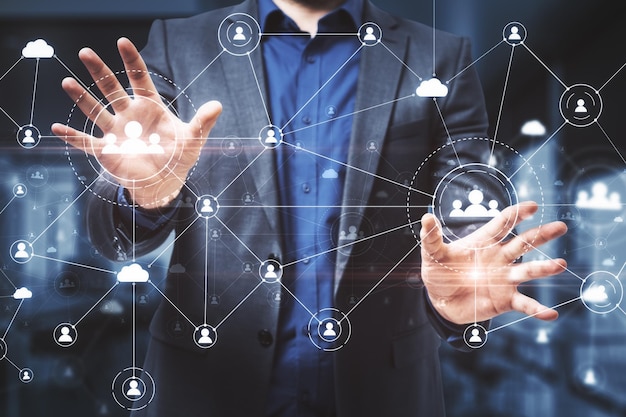 Businessman touches social network interface