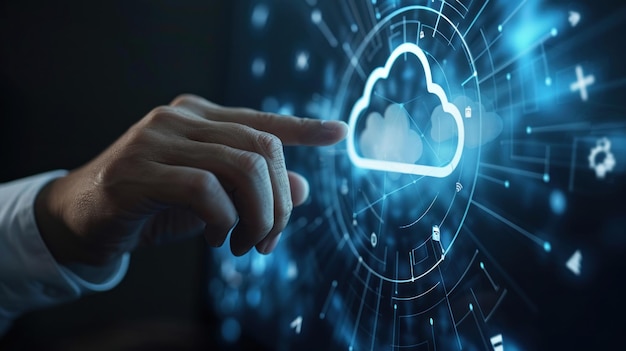 Businessman touching digital virtual screen cloud computing system