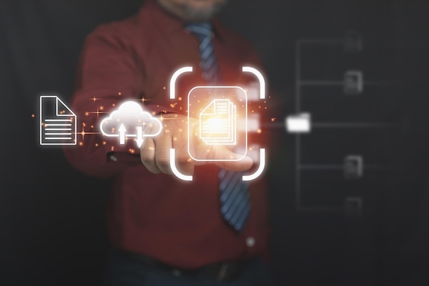 Businessman touching icon virtual online Database and process automation to manage files knowledge and documentation in the company Document Management System
