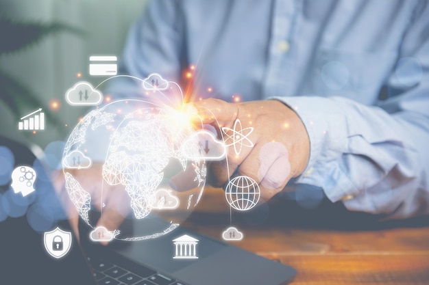 Businessman touching on global Internet connection on virtual screen The technology of cloud computing communication by internet network online digital marketing financial and banking concept
