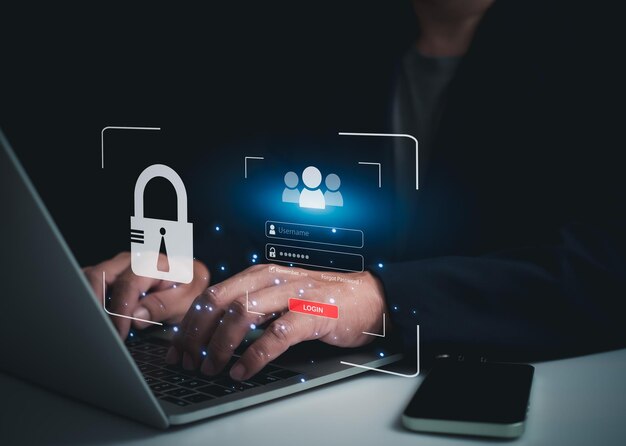 Businessman use computer to login Represents protection against external hacking