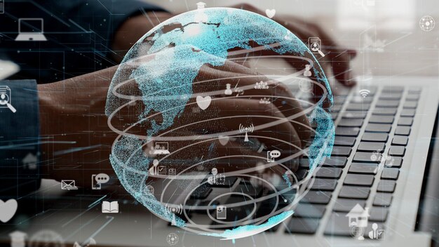 Businessman uses capable laptop computer to connect worldwide social network