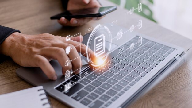 Businessman using a Smartphone to document management concept online documentation database and digital file storage system or software records keeping database technology file access doc sharing