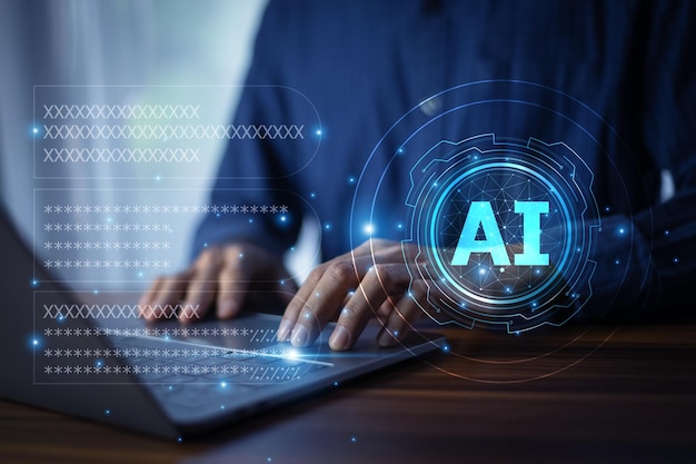 Businessman using AI technology on a laptop to enhance password security and protect sensitive data demonstrating innovation in cybersecurity