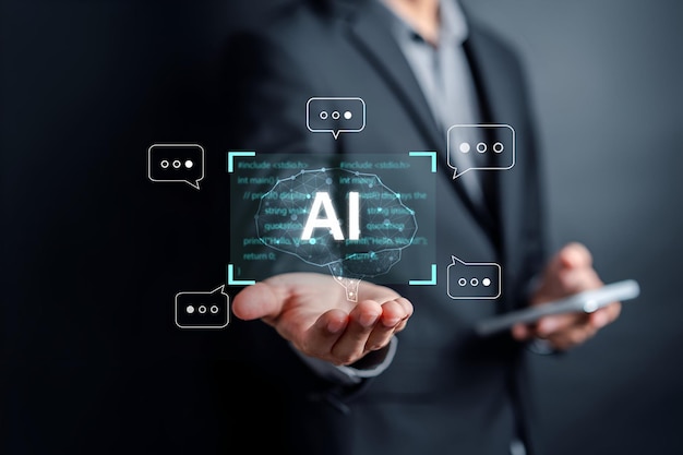 Businessman using chatbot in computer smart intelligence Ai Chat with AI Artificial Intelligence developed by OpenAI generate Futuristic technology robot in online system