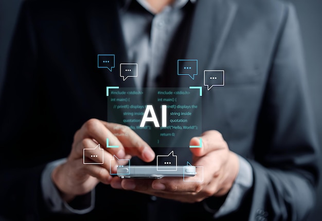 Businessman using chatbot in computer smart intelligence Ai Chat with AI Artificial Intelligence developed by OpenAI generate