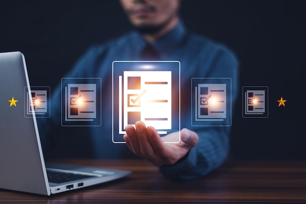 Businessman using computer for DMS documents management and ERP software for Document system management Automation software to archiving and efficiently manage and information files