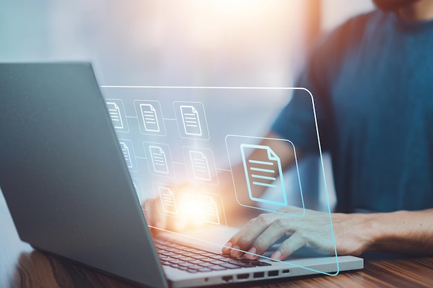 businessman using computer software for security searching and managing corporate files corporate data management system and document management system with employee privacy
