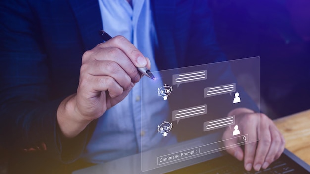 Businessman using for digital chatbot robot application conversation assistant AI Artificial Intelligence concept digital chatbot on virtual screen virtual assistants on internet