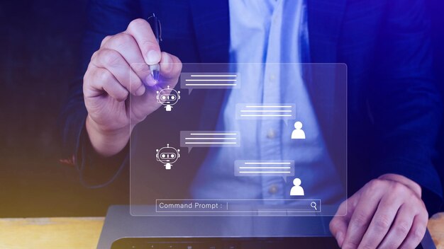 Businessman using for digital chatbot robot application conversation assistant AI Artificial Intelligence concept digital chatbot on virtual screen virtual assistants on internet