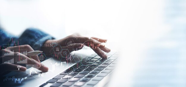 Businessman using laptop analyzing and calculating financial data report investment growth goals Business strategy and planning for digital marketing market research