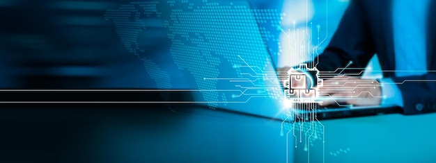 Businessman using laptop and analyzing data on supply chain management and logistics.