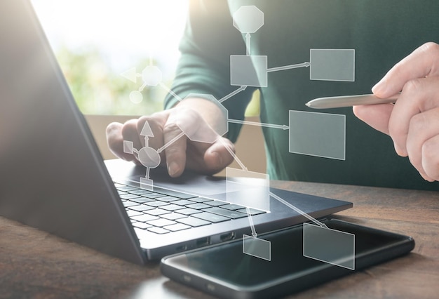 Businessman using laptop develops an interaction algorithm in his company algorithm business scheme Project Manager Researching Process Innovation Graphs Interfaces