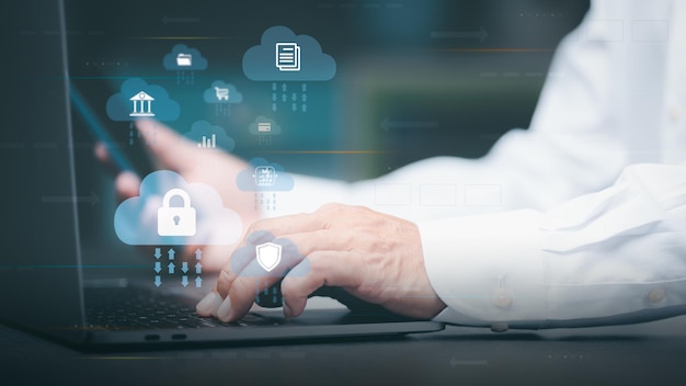 businessman using laptop Login to cyberspace through secure online techn
