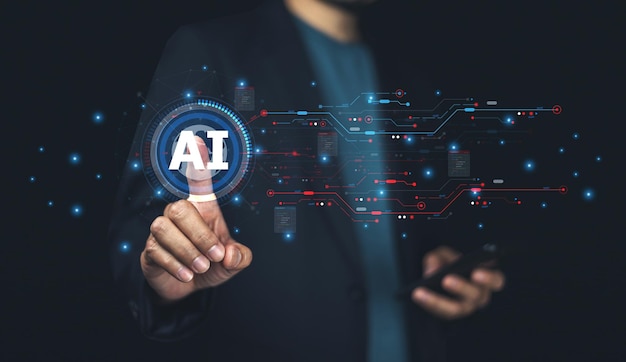 Businessman using technology Ai concept of artificial intelligence use analytics automation and an autonomous brain big data management computer connection information