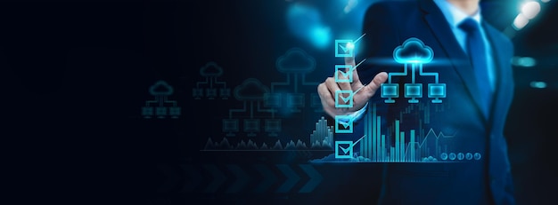 Businessman utilizes cloud technology for remote assessment of businesses on a virtual interface
