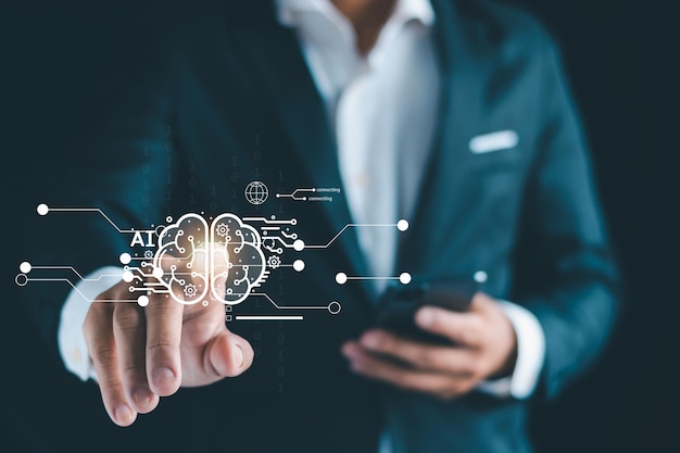 businessmen chat with artificial intelligence technology robots through ai the secretarygeneral of future world science and technology