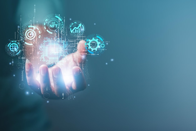 Businessmen use their hands to touch Virtual Media Ai technology to manage online business systems