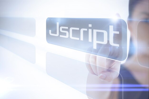 Businesswoman pointing to word jscript against white background with vignette