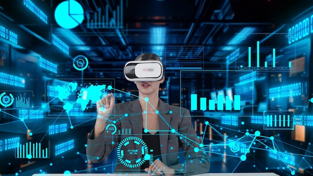 Businesswoman selecting information of world market analysis vr contraption