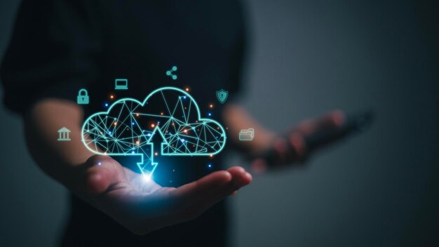 Businesswoman with cloud computing diagram show on hand Cloud technology Data storage Networking and internet service concept