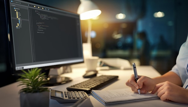 businesswoman writing to notebook at night office