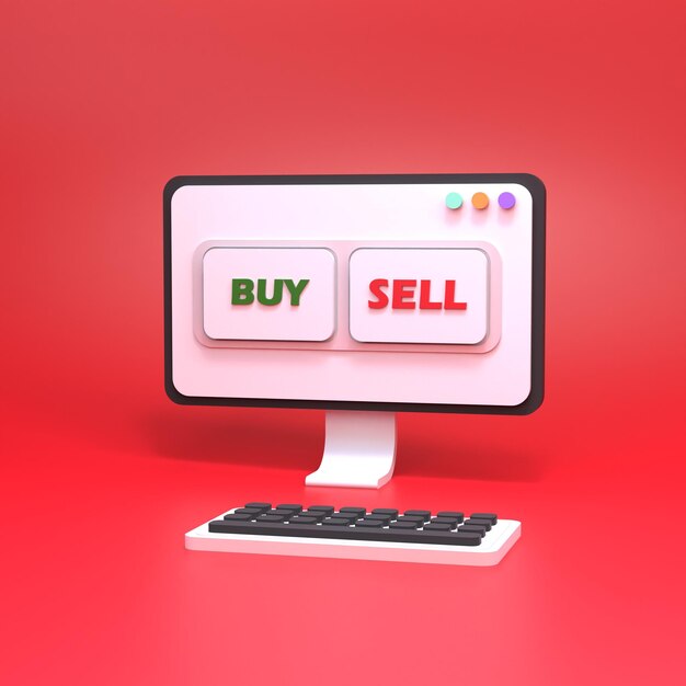 Buy and sell buttons on a computer background. 3d rendering