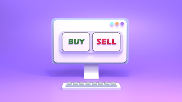 buy and sell buttons on a computer background. 3d rendering