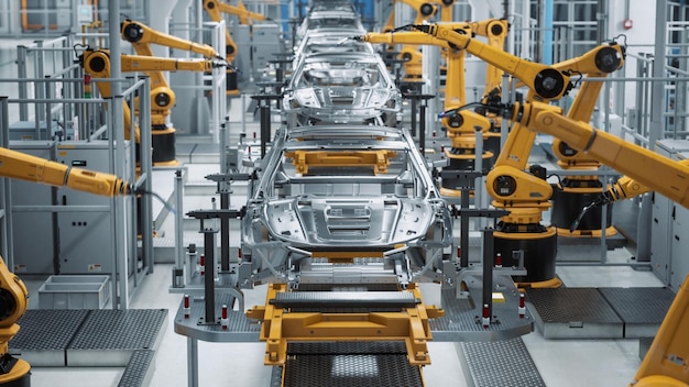 Car Factory 3D Concept Automated Robot Arm Assembly Line Manufacturing HighTech Green Energy Electric Vehicles Automatic Construction Building Welding Industrial Production Conveyor Front View