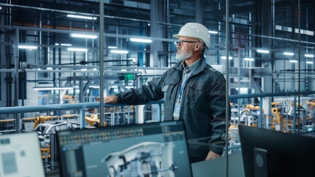 Car Factory Confident Male Automotive Engineer Wearing Hard Hat Standing and Monitoring Equipment Production Line Automated Robot Arm Assembly Line Manufacturing Electric Vehicles