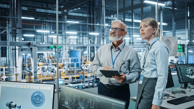 car factory female project manager talks to male automotive engineer plan strategy using tablet computer automated robot arm assembly line production conveyor manufacturing electric vehicles