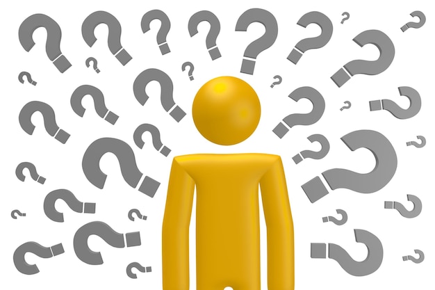 Cartoon character and question marks