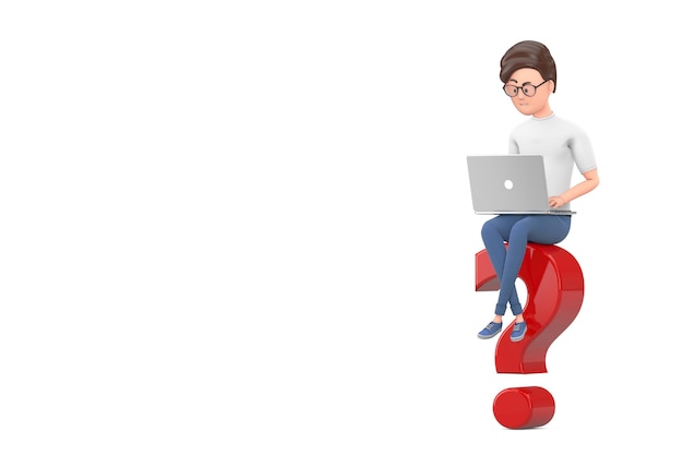 cartoon character person businessman with laptop working over red question mark on a white background. 3d rendering