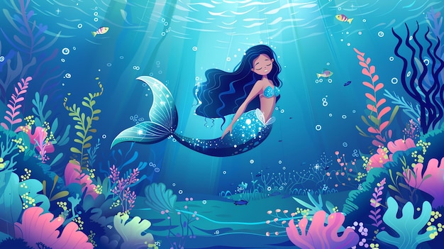Cartoon illustration of a mermaid swimming in the ocean
