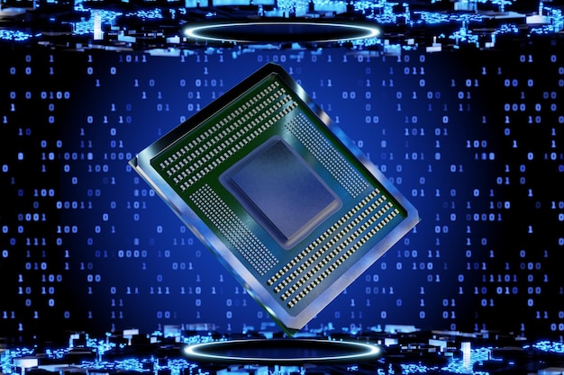 Central processor on an electronic board New microprocessor Abstract concept of microelectronics technology Processor architecture x86 ARM and RISKV Abstract microchip 3D rendering