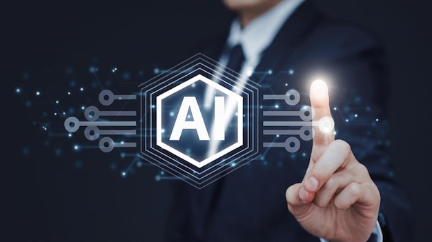 Chat Bot Chat with AI or Artificial Intelligence technology man using a laptop computer chatting