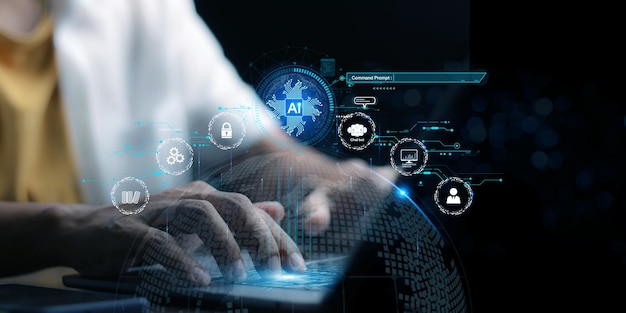 Chat with AI or Artificial Intelligence Young businessman chatting with a smart AI