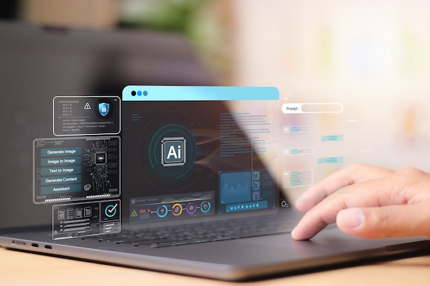 Chat with AI or Artificial Intelligence Young businessman chatting with a smart AI