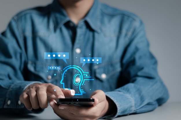 Chatbot Ai technology Businessman use digital chatbot with smartphone to access information by enter command prompt for generates something Changing technology to help with business