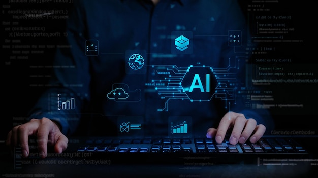 chatbot artificial intelligent concept digital customer service application man use computer mobil
