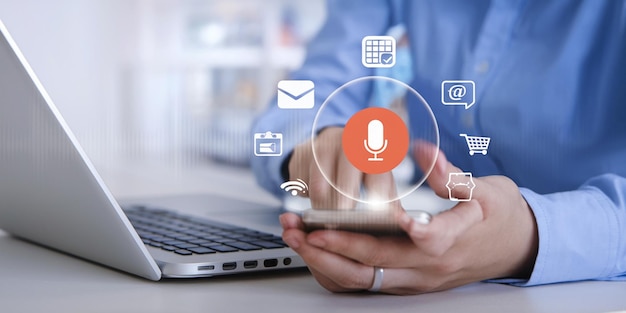 Chatbot artificial intelligent digital customer service application concept Man use computer mobil