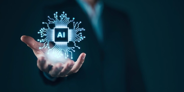 Chatbot artificial intelligent digital customer service application concept Man use computer