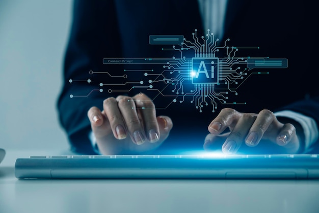 Chatbot Chat with AI Artificial Intelligence man using technology smart robot AI artificial intelligence by enter command prompt for generates something Futuristic technology transformation